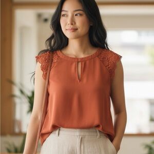 Express Terracotta Sleeveless Blouse with Lace Accents and Tie Back